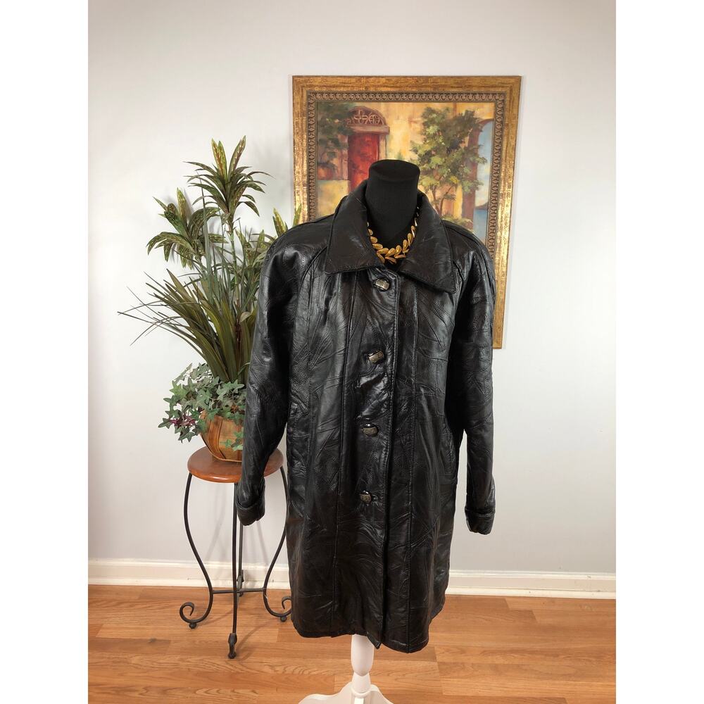 Vintage Maxam Women Medium Black Patchwork Lambskin Leather Coat Italian Mosaic